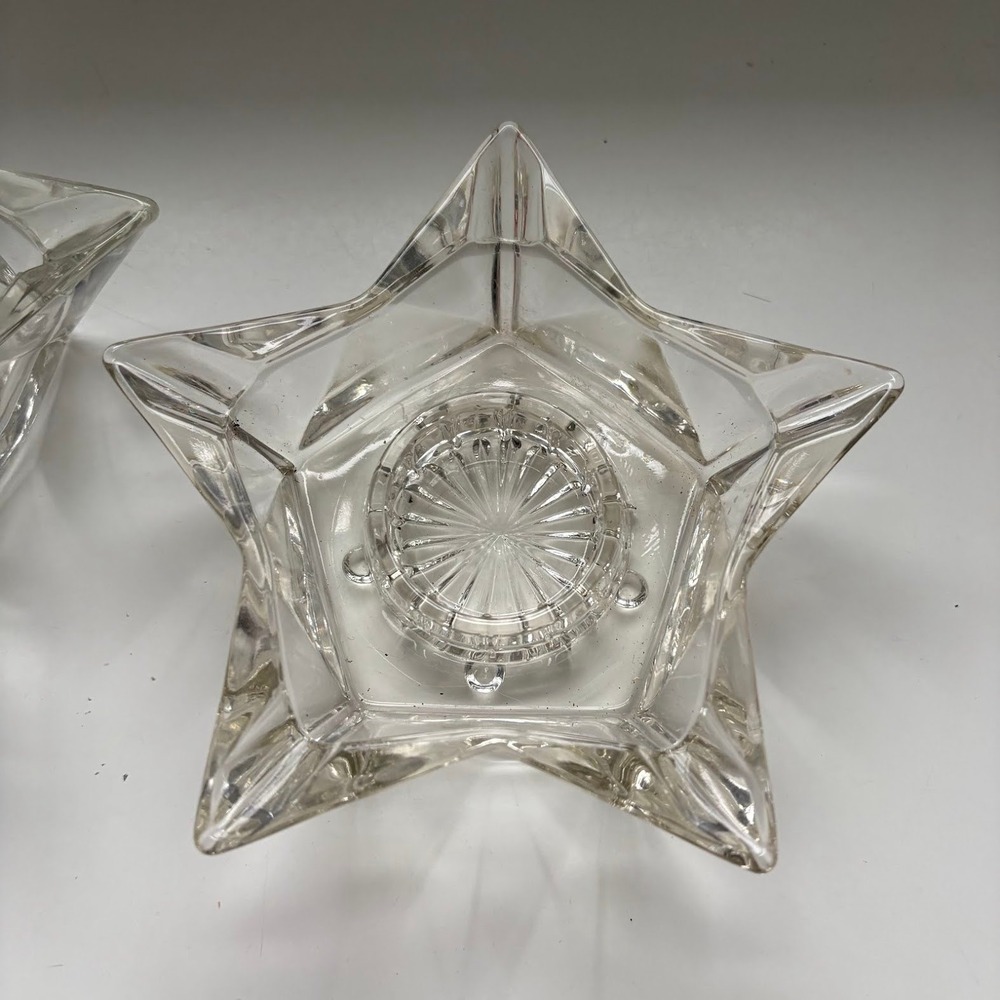 Vintage Clear Pressed Glass Star Candle Holders Set of 2 Celestial Sunburst Base - Picture 2 of 6